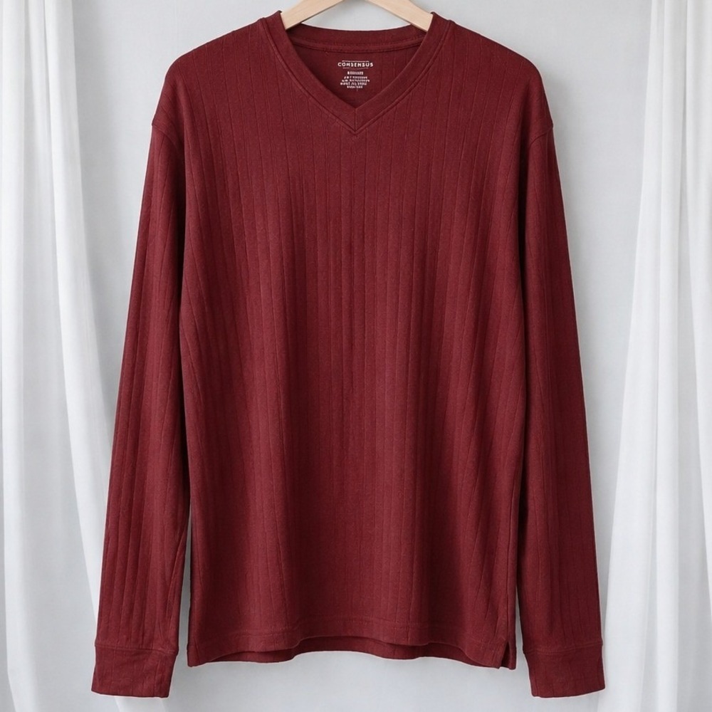 Mens Marled Burgundy Long Sleeve V Neck‎ Shirt Medium Ribbed Knit Casual Basic